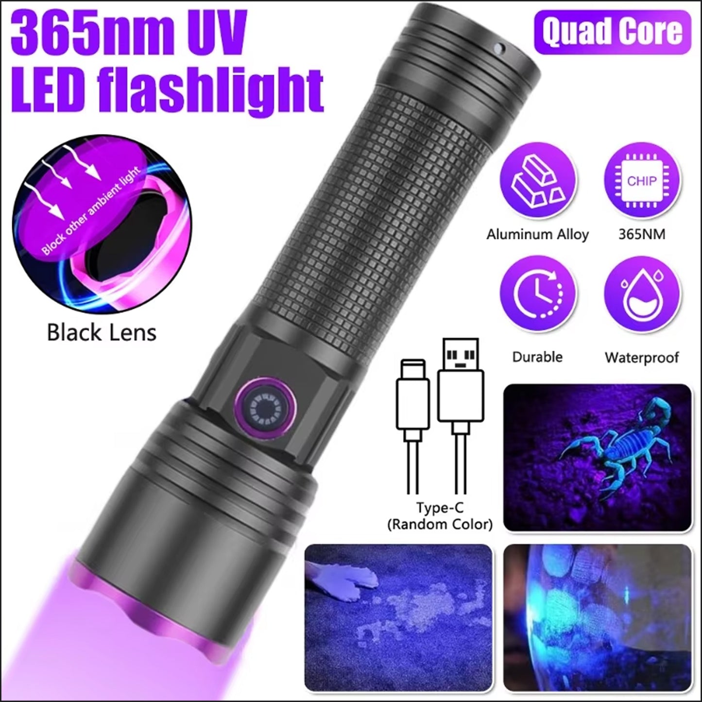 Kensun 365nm UV LED Flashlight Portable Ultraviolet Torch for Pet Urine Scorpion Stain Resin Detection