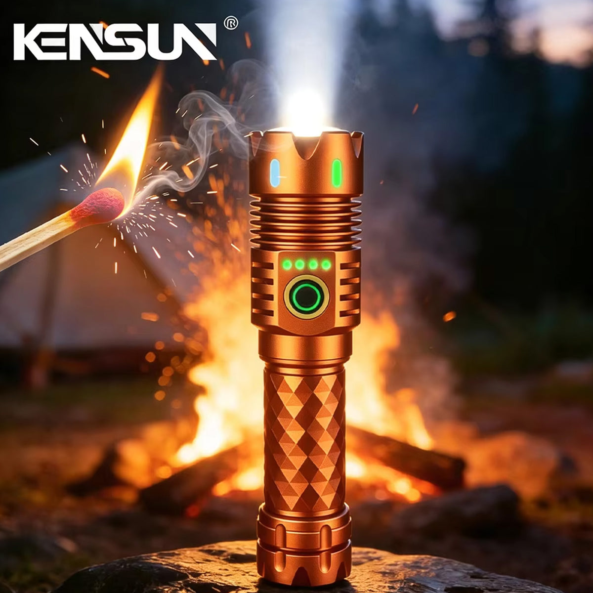 KENSUN high‑brightness EDC flashlight camp outdoor night lighting scene