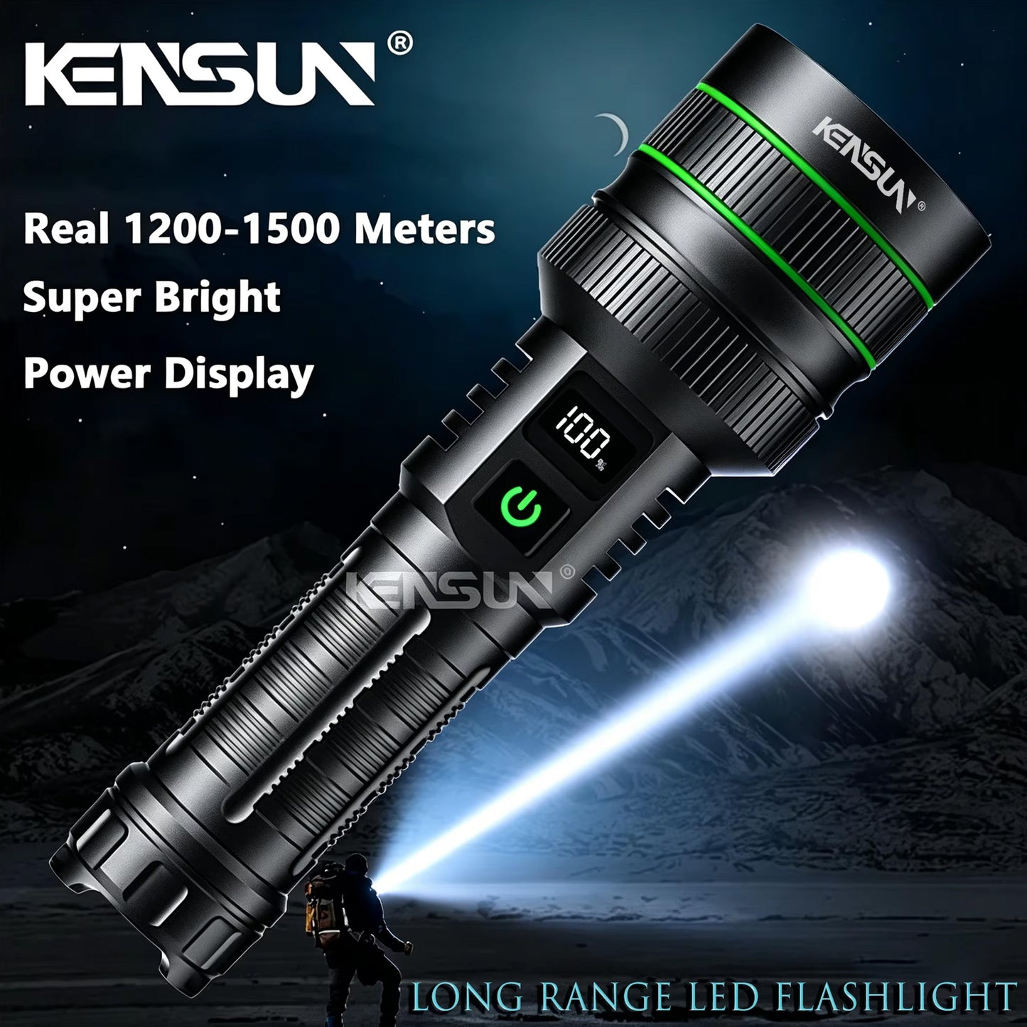 KENSUN long‑throw LED tactical flashlight outdoor night lighting effect
