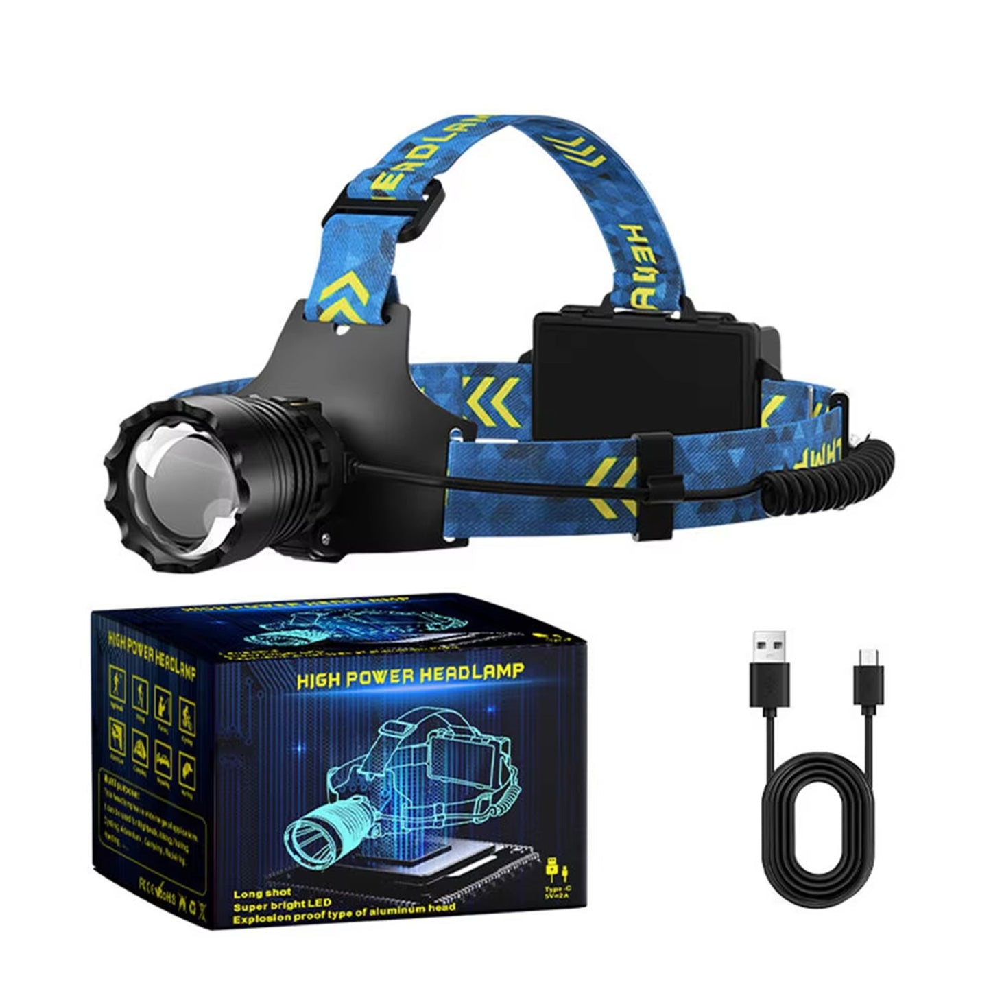 KENSUN T02 headlamp full package, headlight, battery pack, type‑c charging cable and gift box