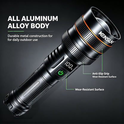 KENSUN Super Bright Long Range Torch, Zoom Focus, Digital Power Display, All Aluminum Alloy, Built-in 26650 Battery, Outdoor Camping Hunting Emergency Flashlight