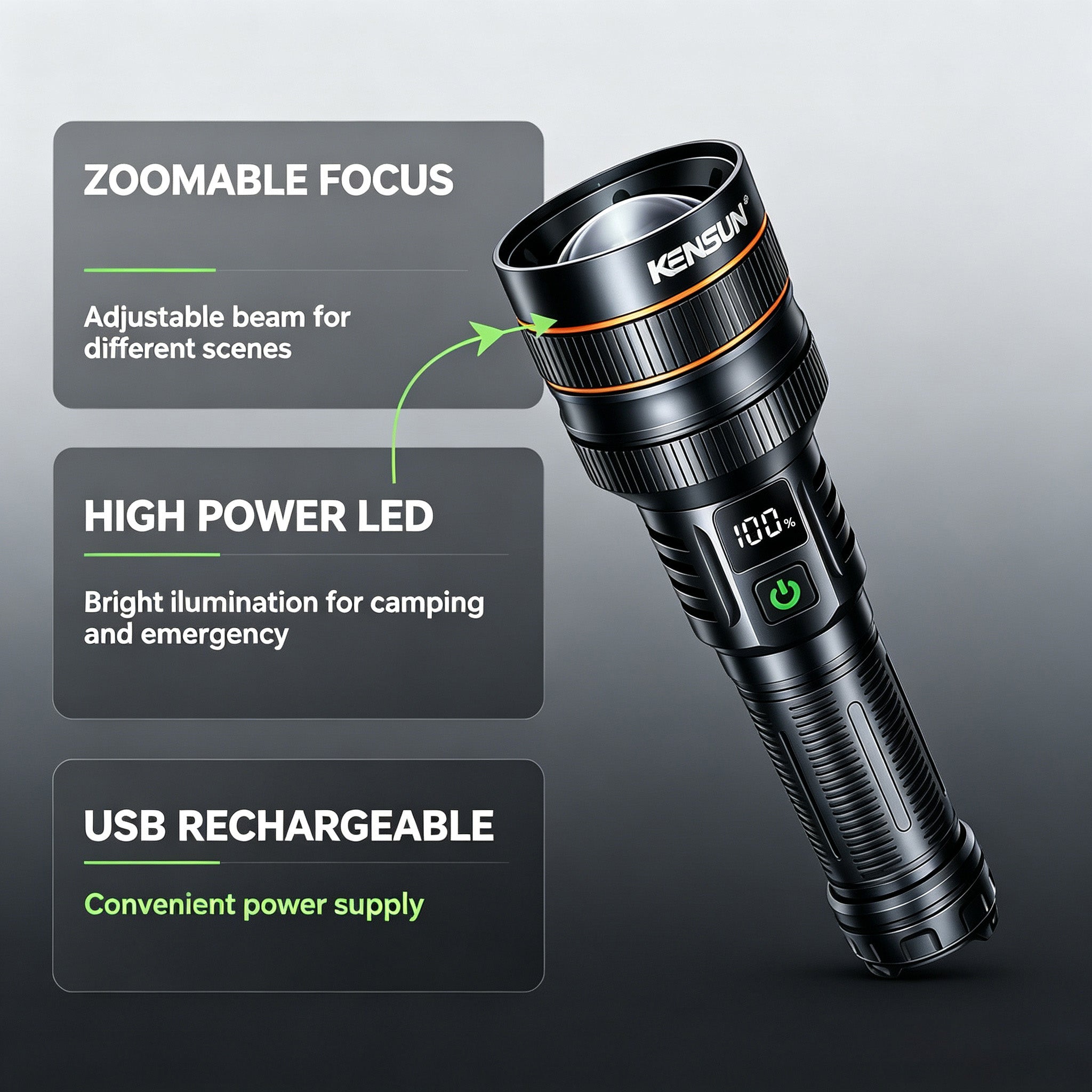 Kensun 26650 Zoom Flashlight | Digital Power Display & Long Range