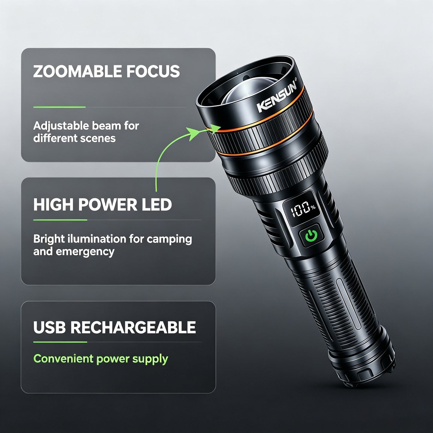 KENSUN Super Bright Long Range Torch, Zoom Focus, Digital Power Display, All Aluminum Alloy, Built-in 26650 Battery, Outdoor Camping Hunting Emergency Flashlight