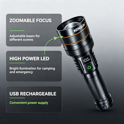 KENSUN Super Bright Long Range Torch, Zoom Focus, Digital Power Display, All Aluminum Alloy, Built-in 26650 Battery, Outdoor Camping Hunting Emergency Flashlight