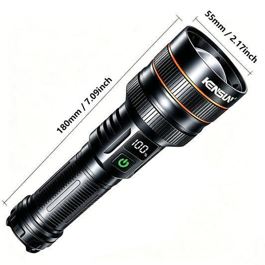 KENSUN Super Bright Long Range Torch, Zoom Focus, Digital Power Display, All Aluminum Alloy, Built-in 26650 Battery, Outdoor Camping Hunting Emergency Flashlight