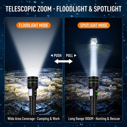 KENSUN Telescopic Zoom Long Range LED Flashlight, Rechargeable 26800 Parallel Battery Pack Tactical Torch