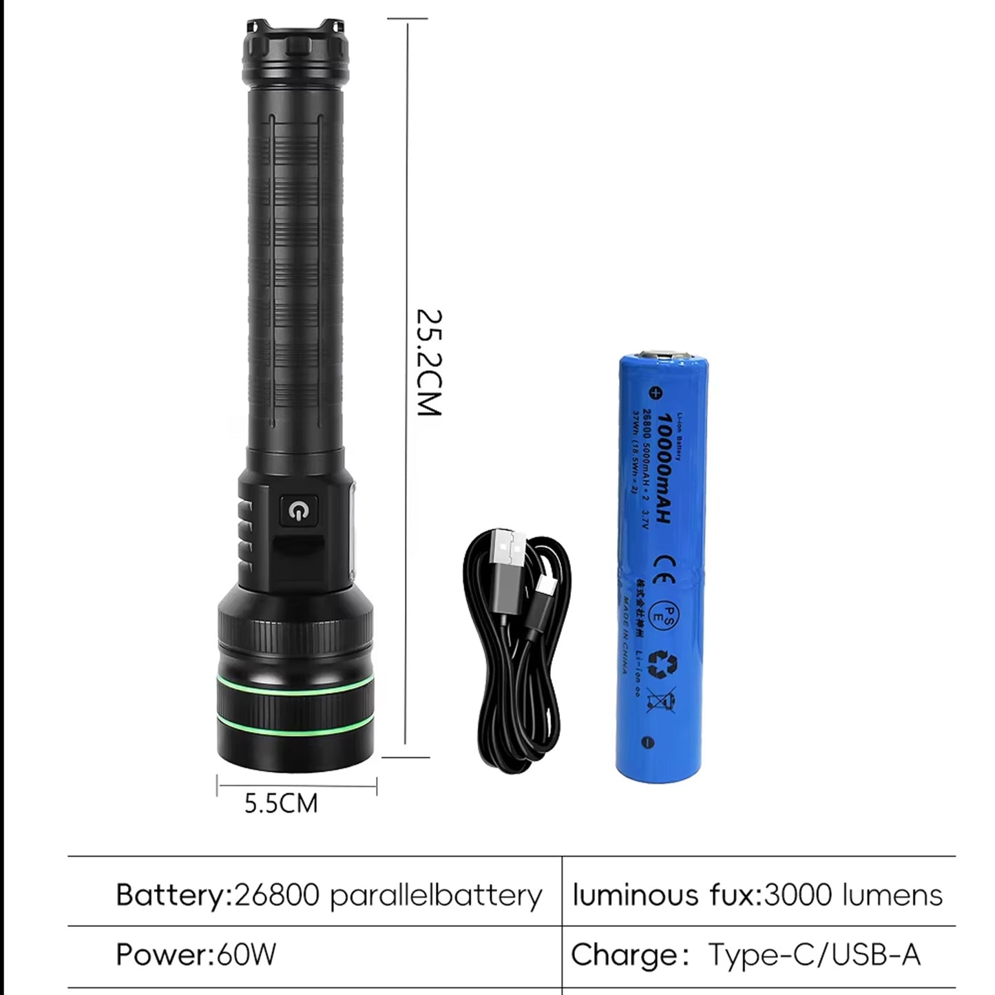 KENSUN Telescopic Zoom Long Range LED Flashlight, Rechargeable 26800 Parallel Battery Pack Tactical Torch