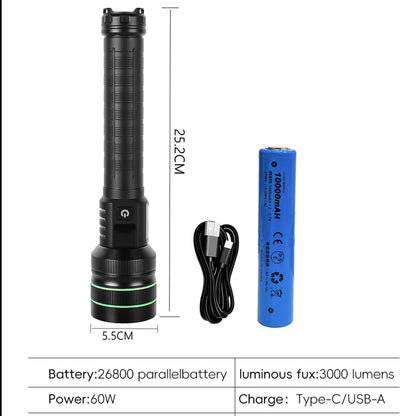 KENSUN Telescopic Zoom Long Range LED Flashlight, Rechargeable 26800 Parallel Battery Pack Tactical Torch
