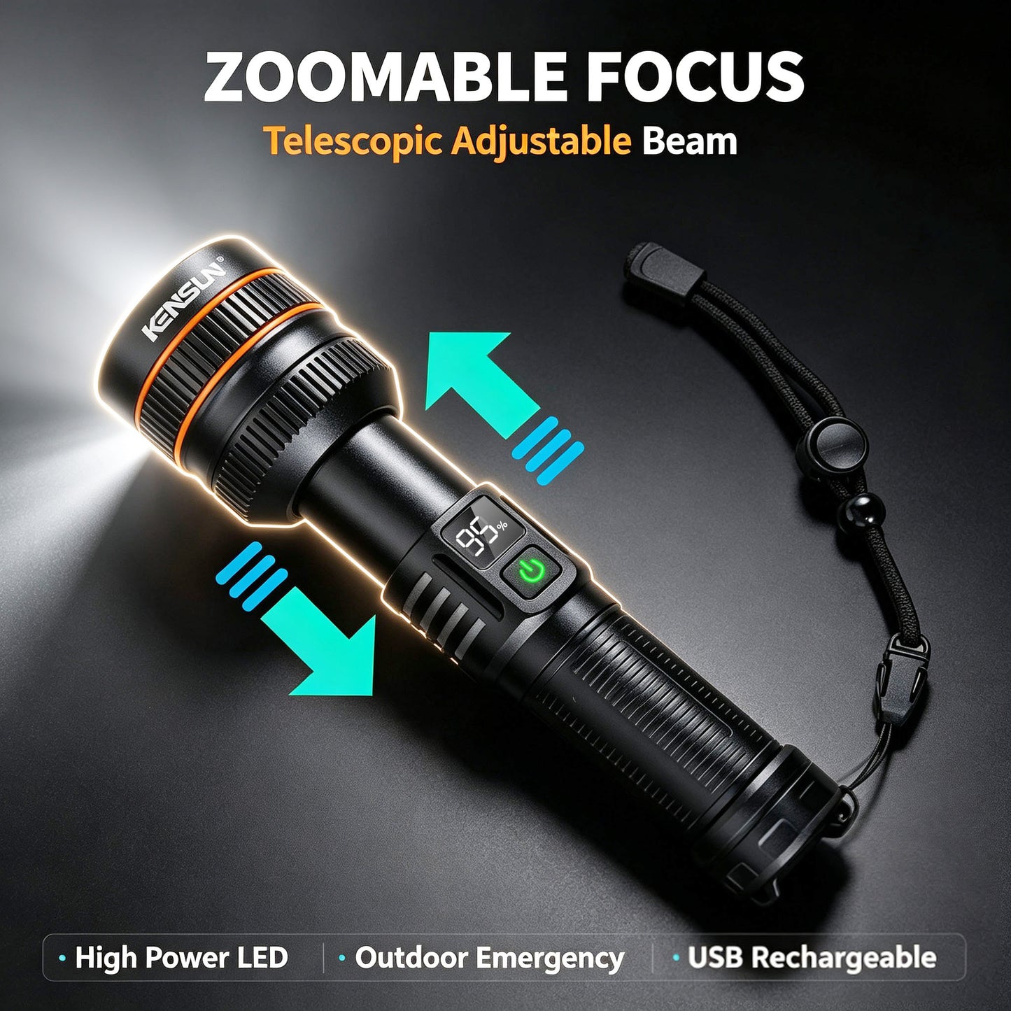KENSUN Super Bright Long Range Torch, Zoom Focus, Digital Power Display, All Aluminum Alloy, Built-in 26650 Battery, Outdoor Camping Hunting Emergency Flashlight