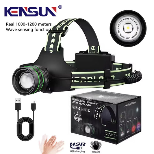KENSUN Long Range LED Headlamp, Motion Sensor Wave Induction, Telescopic Zoom USB Rechargeable Aluminum Head Flashlight for Camping Fishing