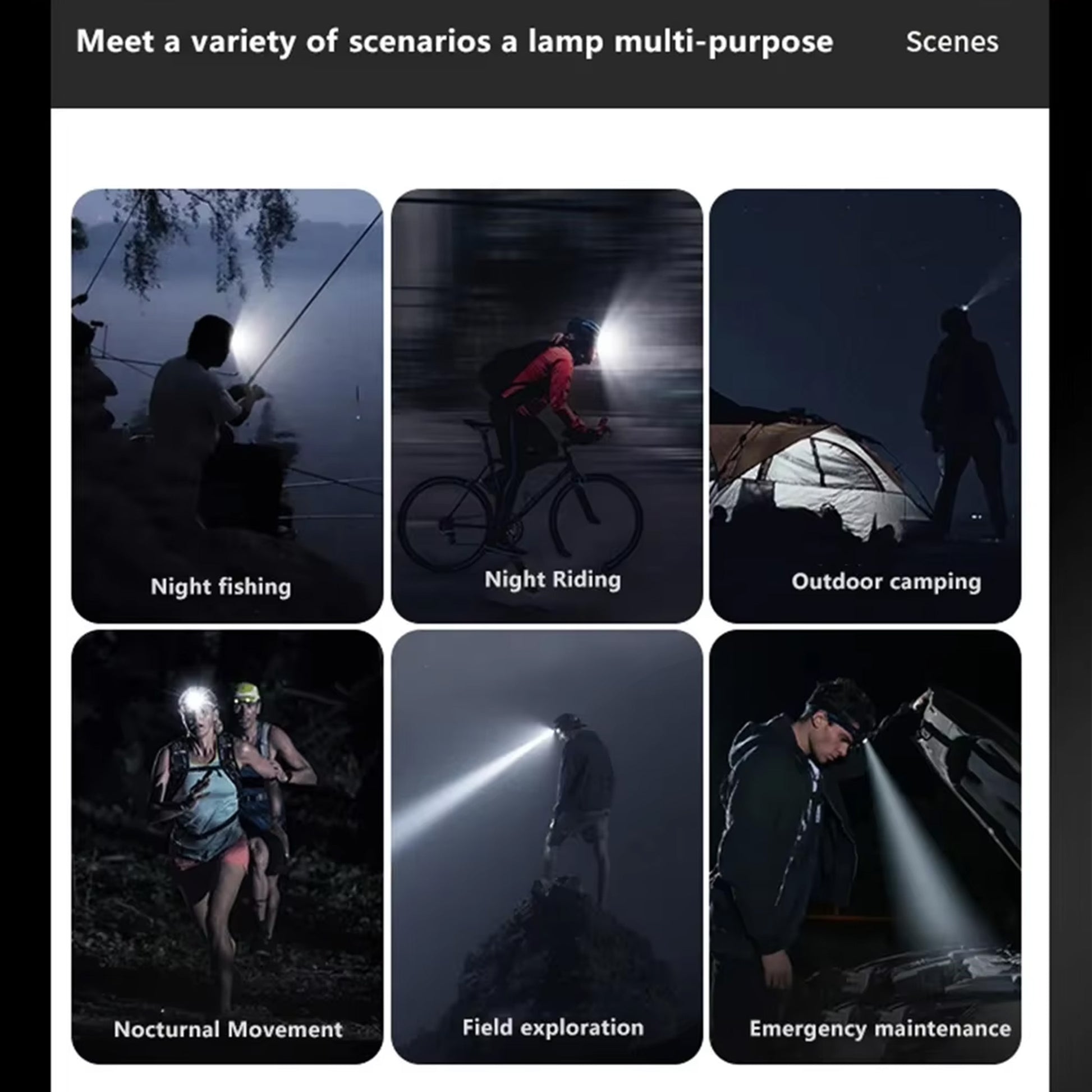 KENSUN T02 headlamp multi‑scene collage, fishing, cycling, camping, hiking and emergency work
