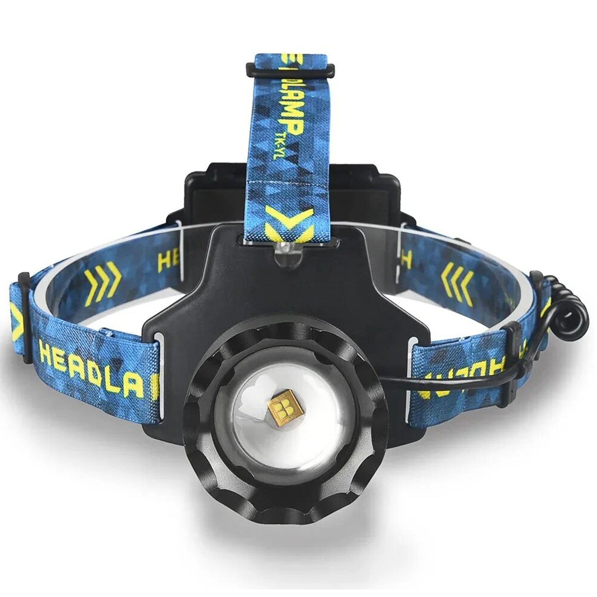 KENSUN T02 zoom headlamp, single 4‑core LED head flashlight, black body with blue patterned head strap