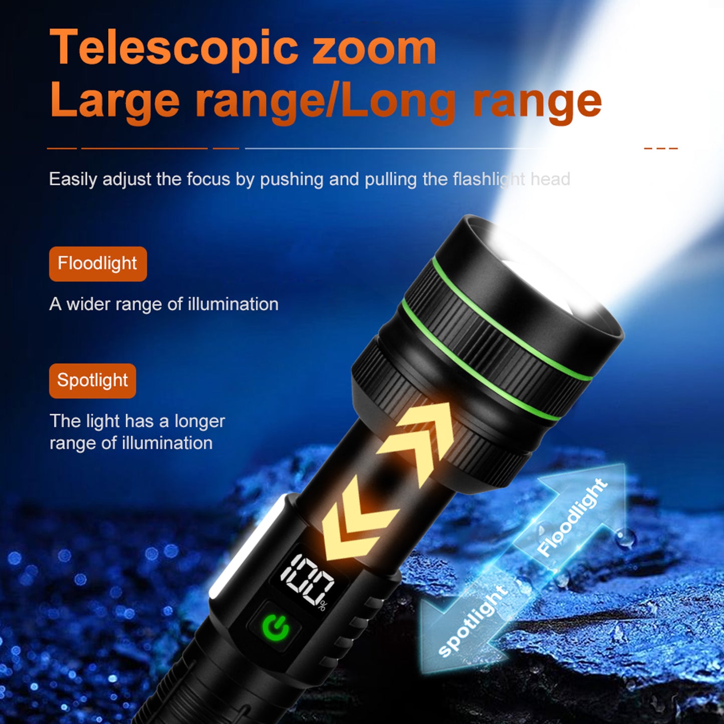 KENSUN Telescopic Zoom Long Range LED Flashlight, Rechargeable 26800 Parallel Battery Pack Tactical Torch