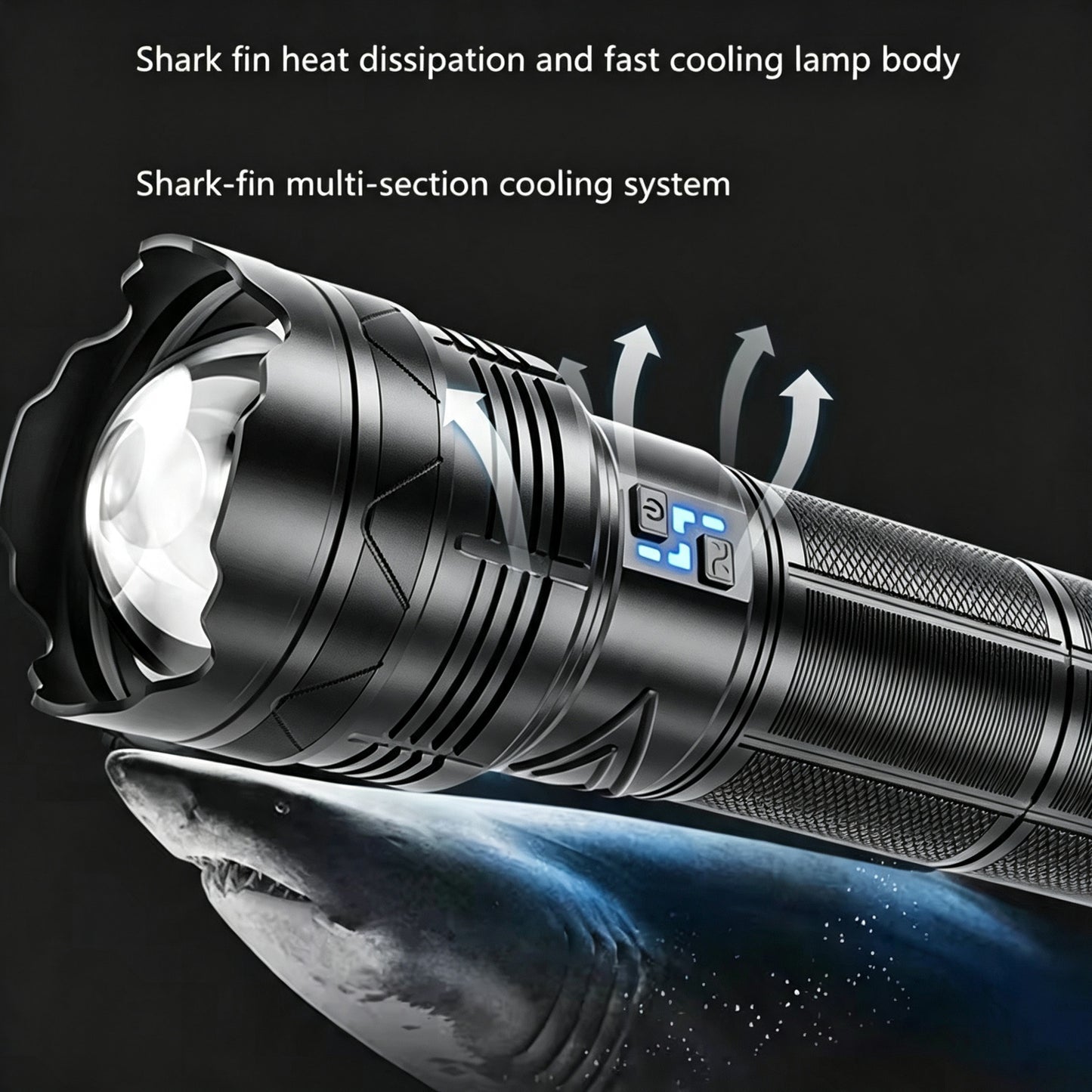 Shark‑fin multi‑section cooling system, heat dissipation design for long‑time high brightness flashlight