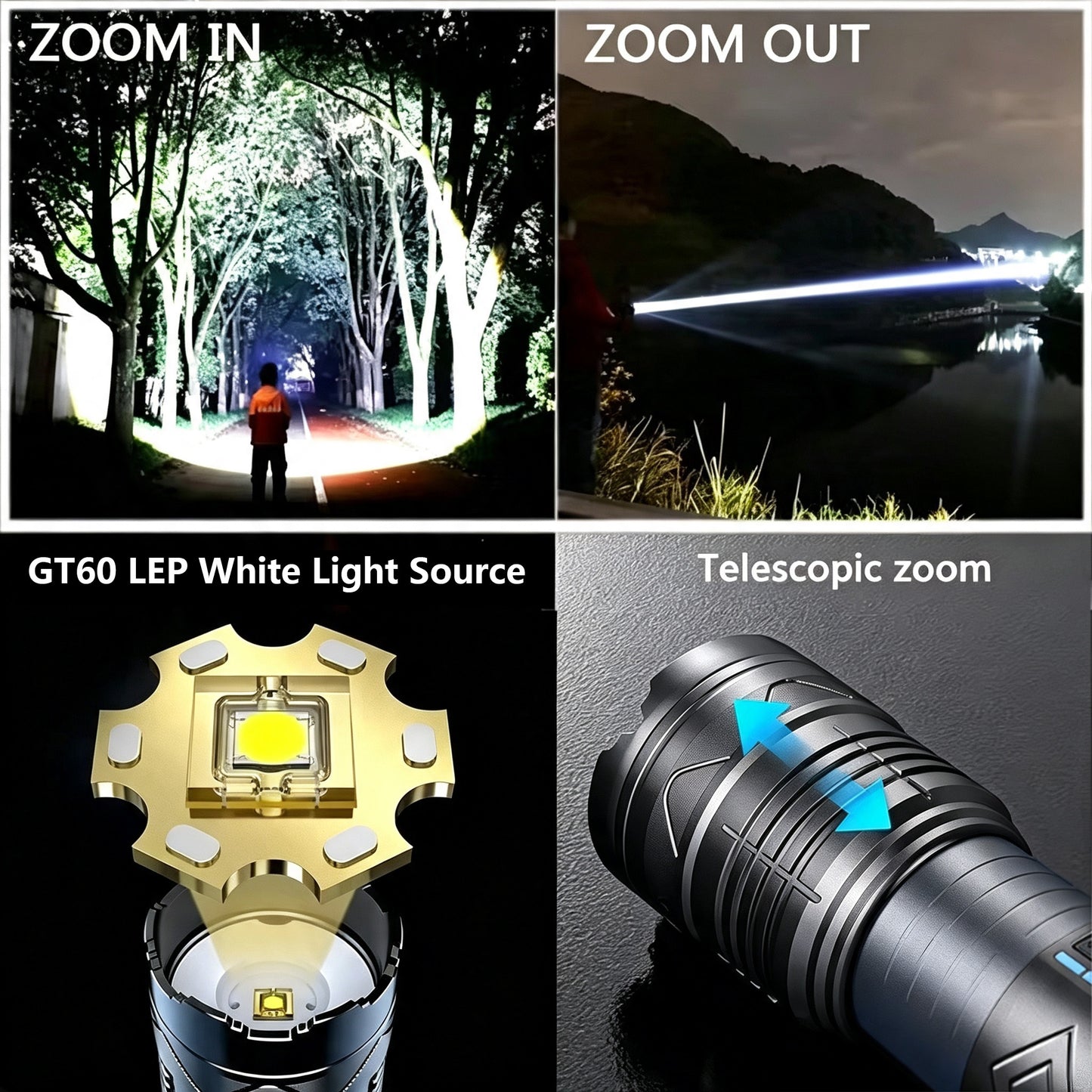 Telescopic zoom flashlight, zoom in flood beam zoom out spot beam, high‑performance LED chip demonstration