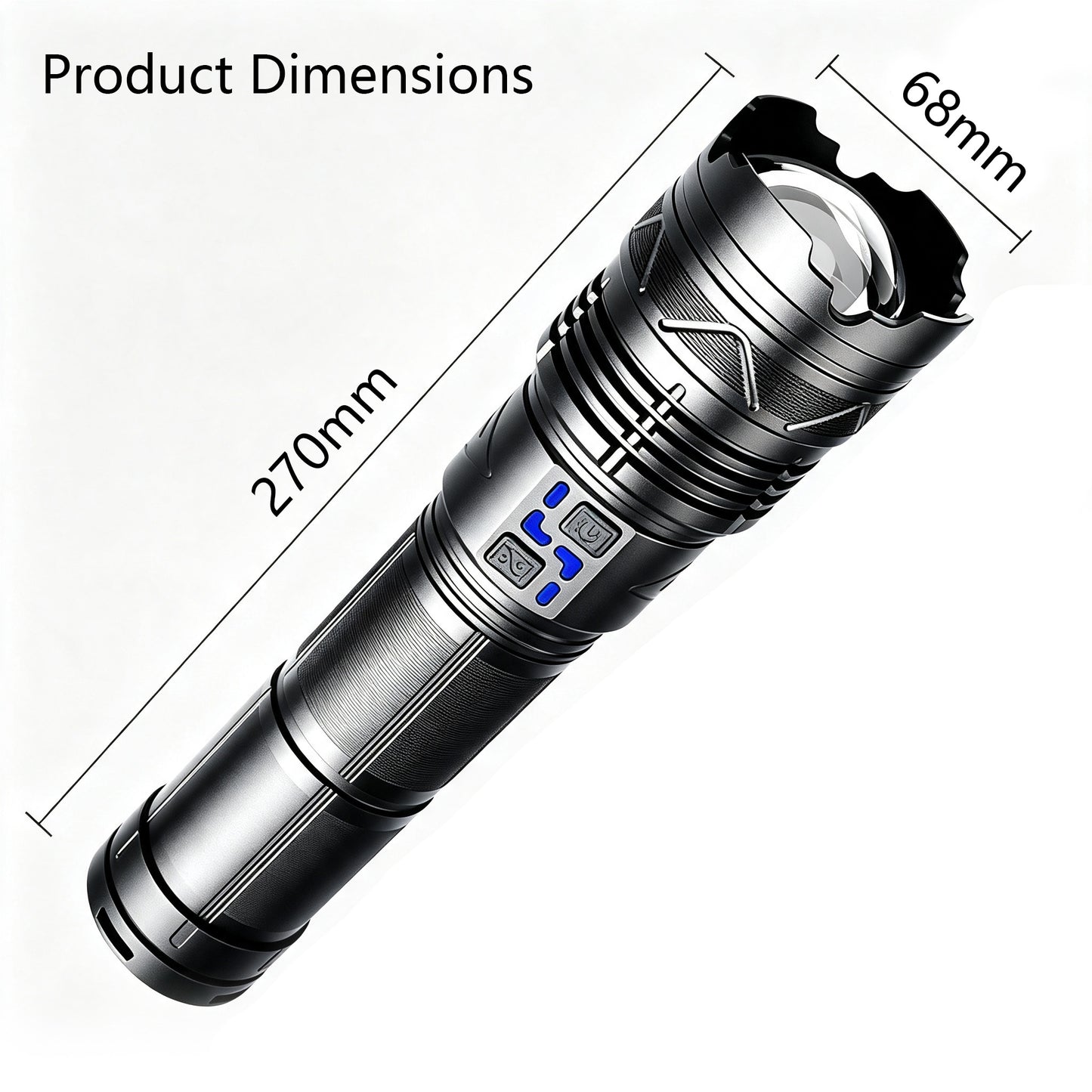 KENSUN flashlight product dimension drawing, 270mm length 68mm diameter aluminum torch