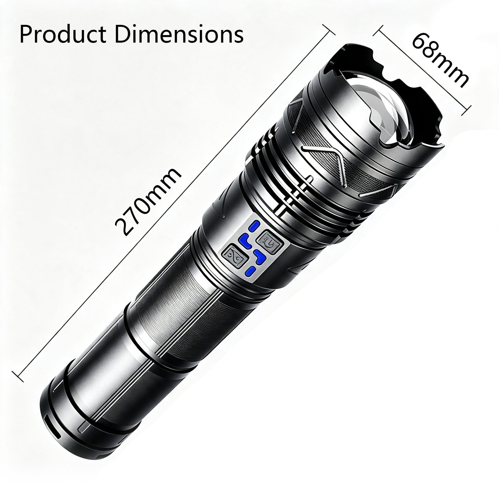 KENSUN flashlight product dimension drawing, 270mm length 68mm diameter aluminum torch
