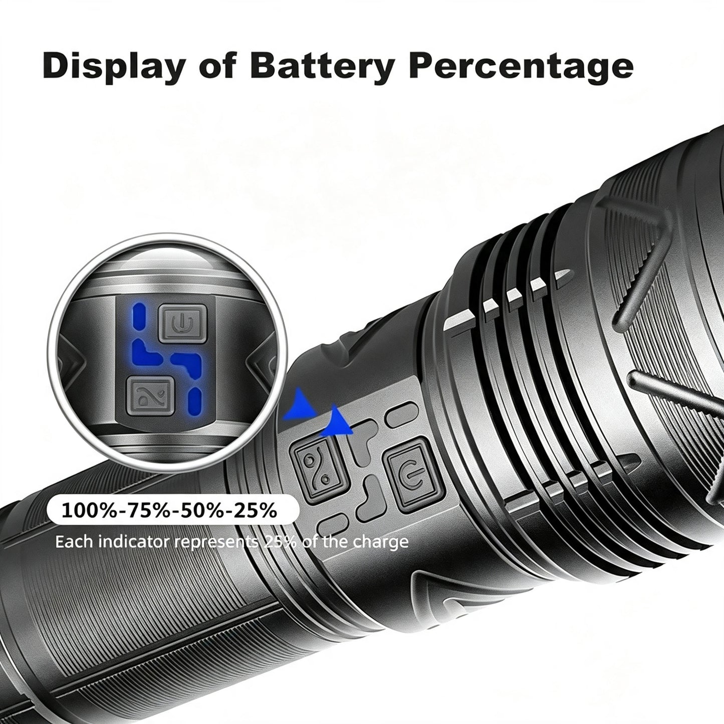 KENSUN flashlight real‑time battery percentage indicator, power level display on control panel