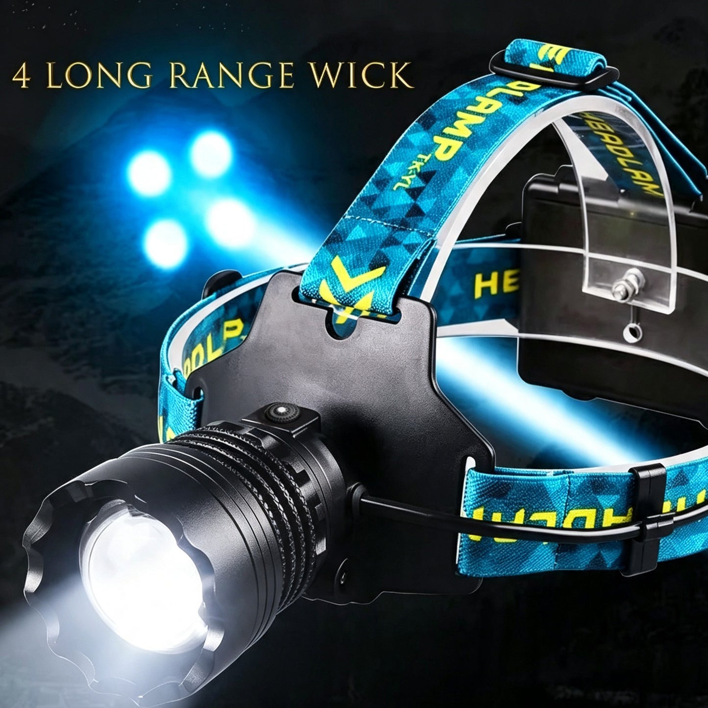 KENSUN T02 headlamp night scene, 4‑core LED long‑range beam, blue woven head strap for outdoor use