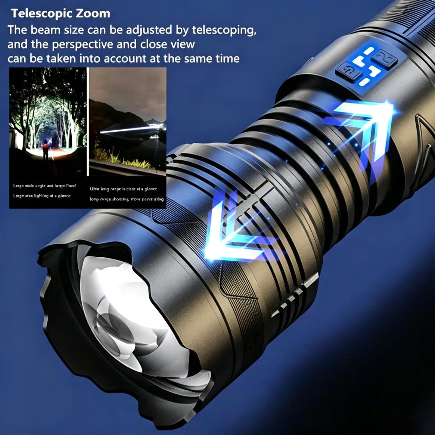 KENSUN flashlight telescopic zoom structure, pull‑push head adjust flood and spot beam for outdoor use