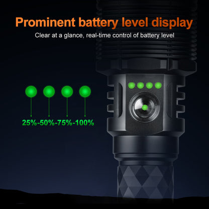 TK‑006 flashlight real‑time battery level indicator, 25‑50‑75‑100 percent power display
