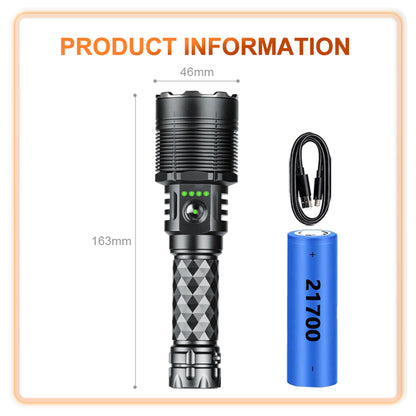 TK‑006 tactical flashlight product size diagram, includes 21700 battery and USB‑C charging cable
