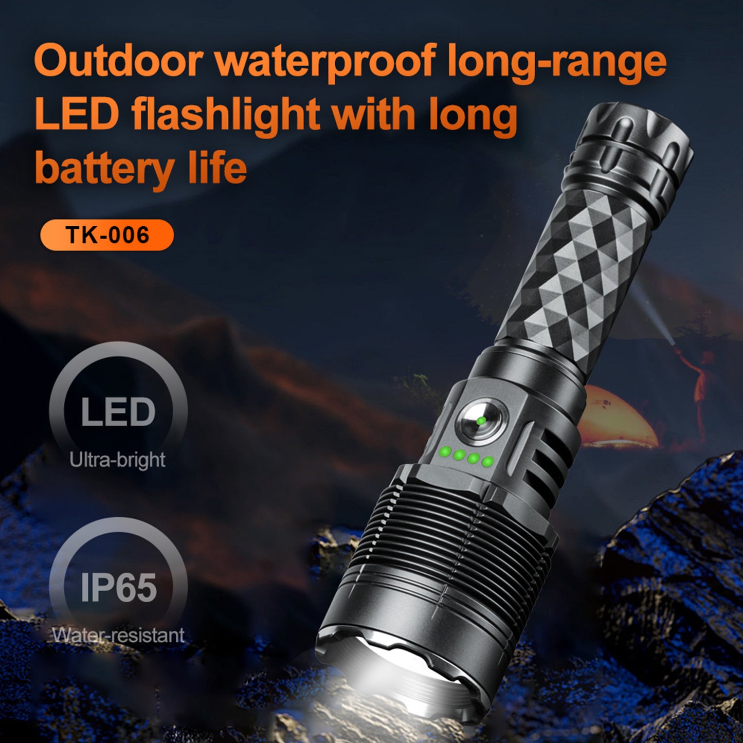 KENSUN TK‑006 flashlight outdoor long‑range beam, IP65 water resistant for camping
