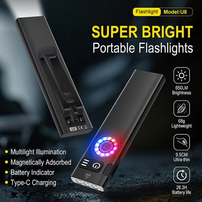 Ultra‑Slim EDC LED Flashlight, Dual‑Switch Color Side Light, Bottom Magnetic Base & Pocket Clip, Type‑C Rechargeable Handheld Torch for Daily Carry Camping Emergency