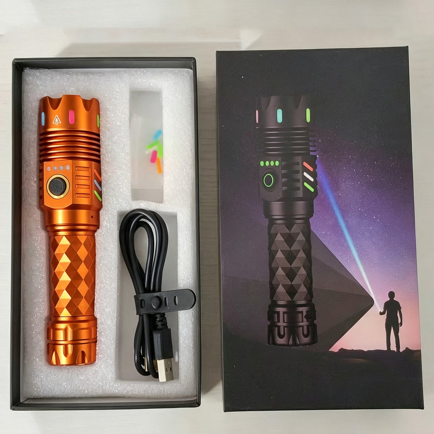 4 LED High Power Tactical Flashlight with Intense Focused Beam, USB Rechargeable Outdoor Torch